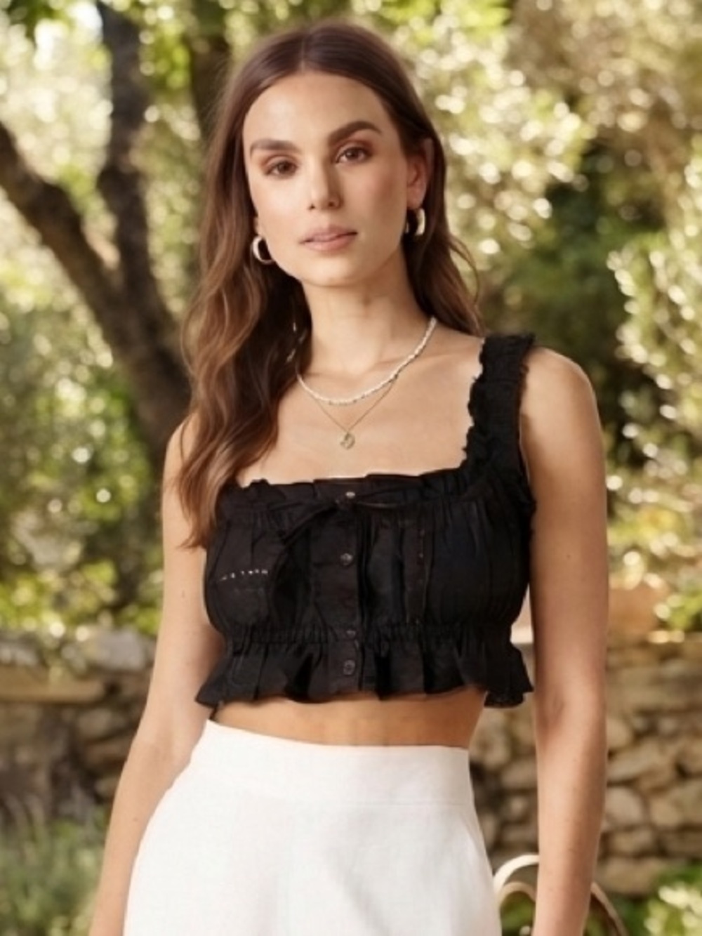 WEWOREWHAT Eyelet Ruffle Crop Top - Black